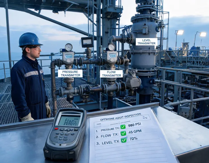 Process plant operator checking pressure, flow and level transmitters