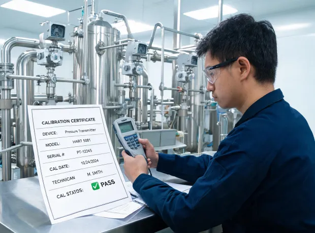 Calibration engineer reviewing transmitter service records